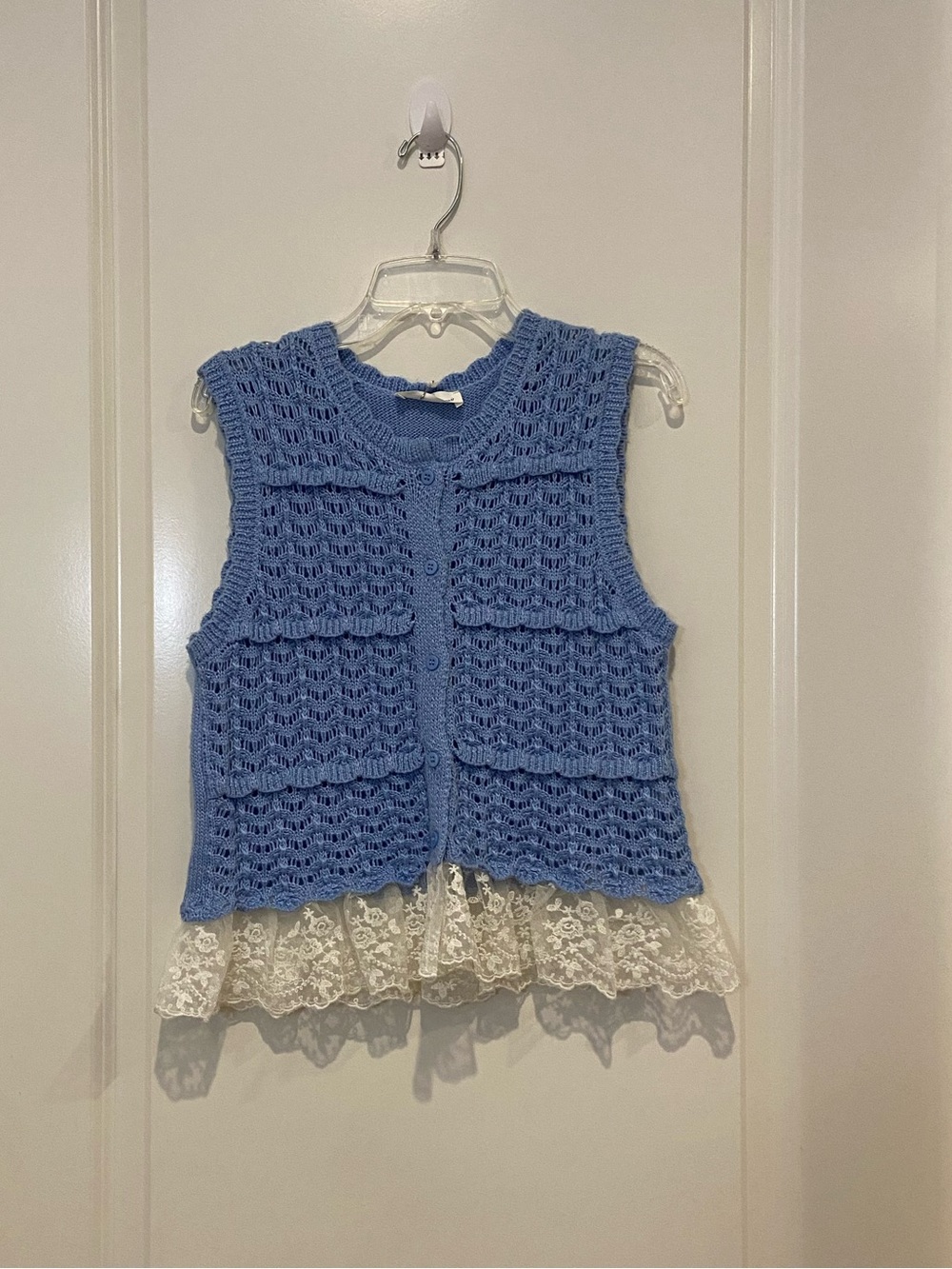 New Boho Cottagecore Blue Knit Sleeveless Scalloped Sweater Vest with lace trim